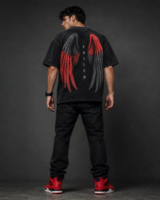 Black Fallen Angel Graphic Men’s Acid Wash T-Shirt (240 GSM)