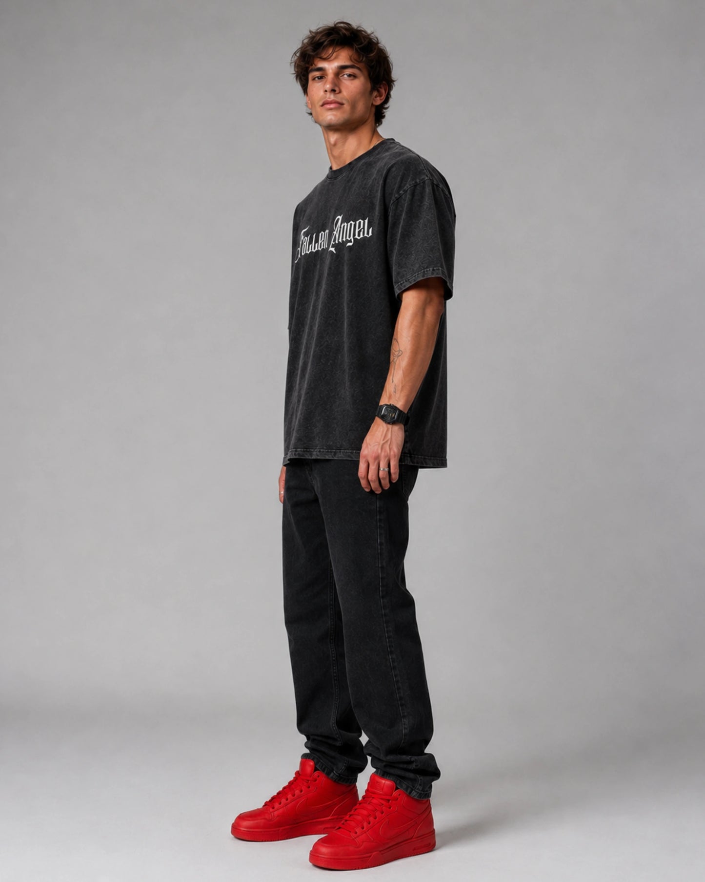 Black Fallen Angel Graphic Men’s Acid Wash T-Shirt (240 GSM)