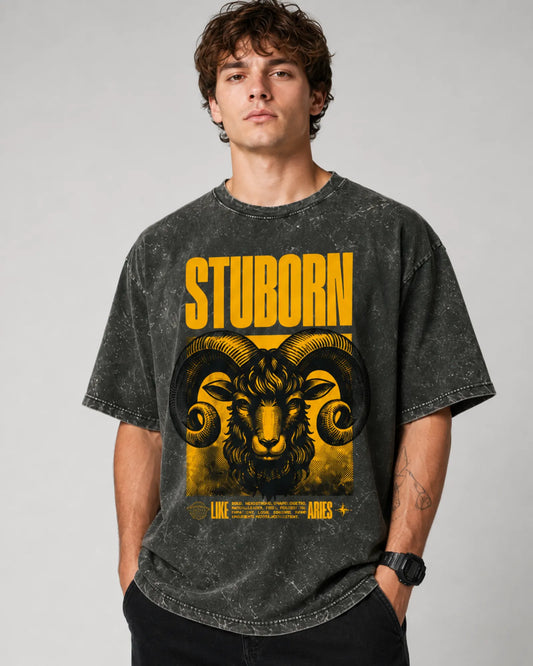 Black Stubborn Aries Ram Graphic Streetwear Men’s Acid Wash T-Shirt (240 GSM)