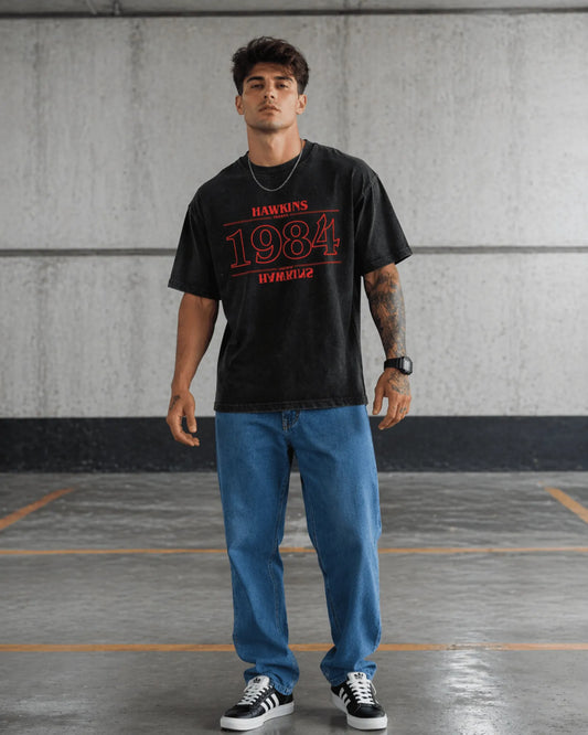 Black Vintage 1984 Graphic Men’s Acid Wash T-Shirt (240 GSM)