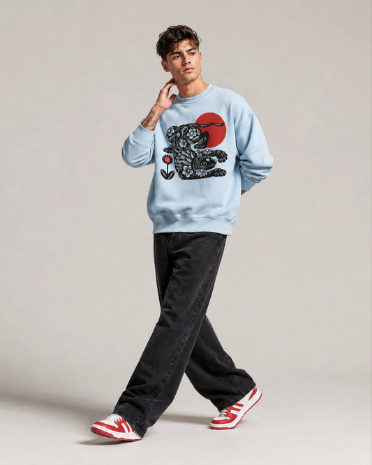 Light Blue Floral Bear Japanese Art Graphic Men's Sweatshirt (350 GSM)