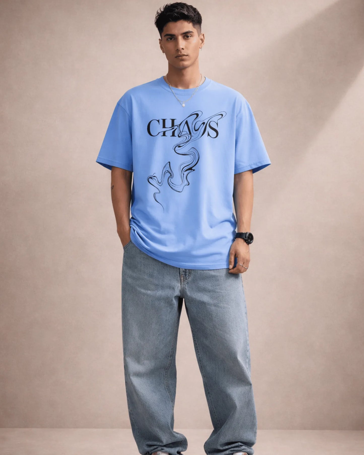 Blue Chaos Typography Graphic Men’s Oversized T-Shirt (240 GSM)