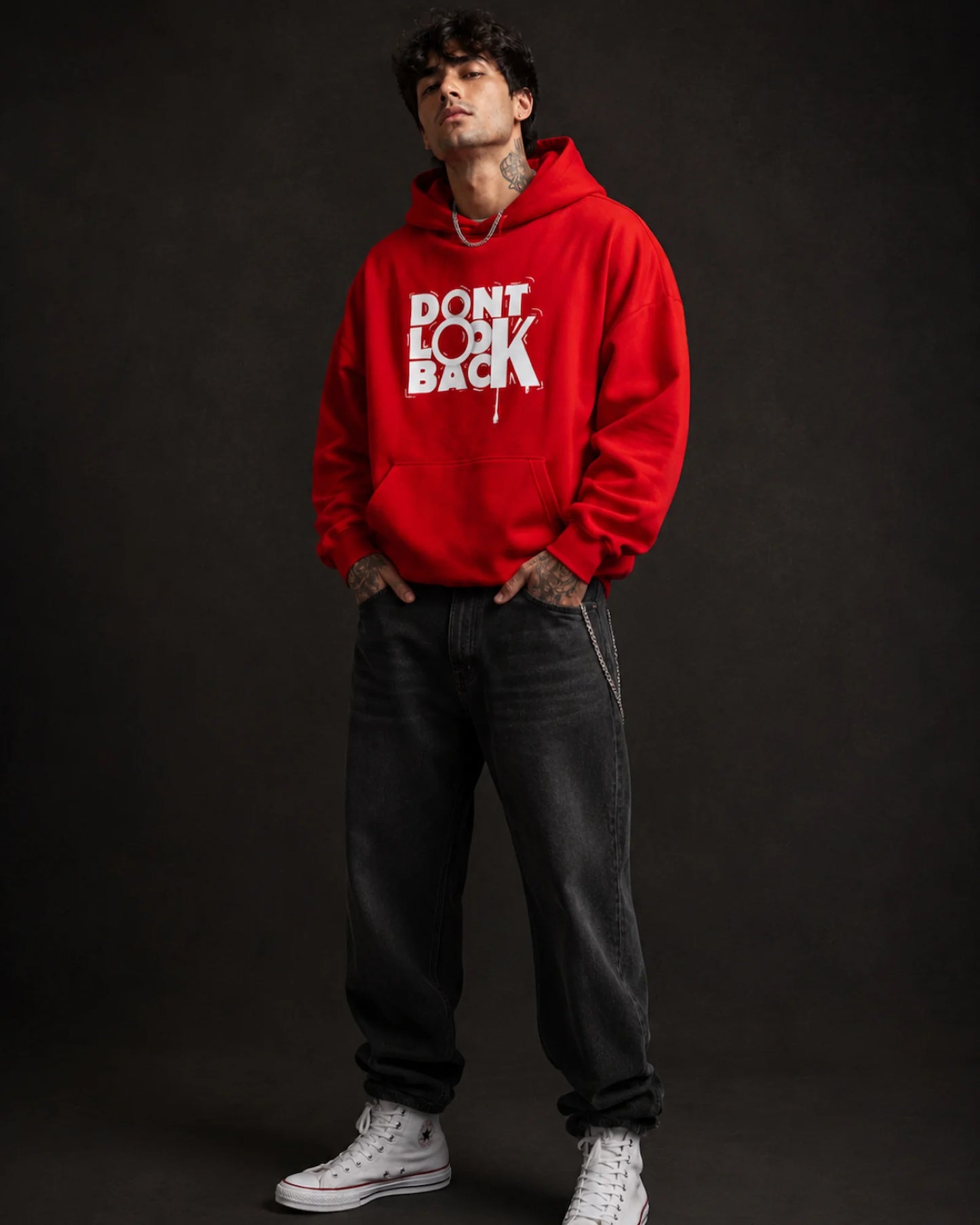 Red Don't Look Back Typography Graphic Streetwear Men's Hoodie (360 GSM)