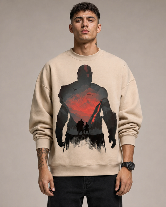 Beige Shadow Warrior Graphic Streetwear Men’s Sweatshirt (350 GSM)