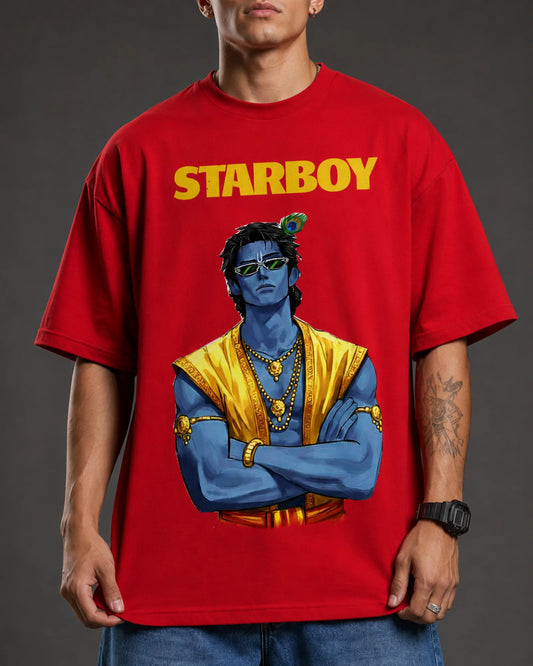 Red Krishna Streetwear God Graphic Men's Oversized T-Shirt (260 GSM)