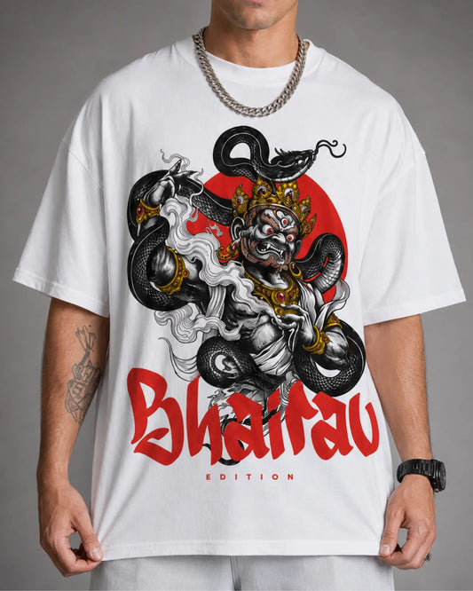 White Bhairav Oni Serpent Japanese Streetwear Men’s Oversized T-Shirt (260 GSM)