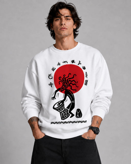 White Kokopelli Tribal Sun Graphic Men's Sweatshirt (350 GSM)