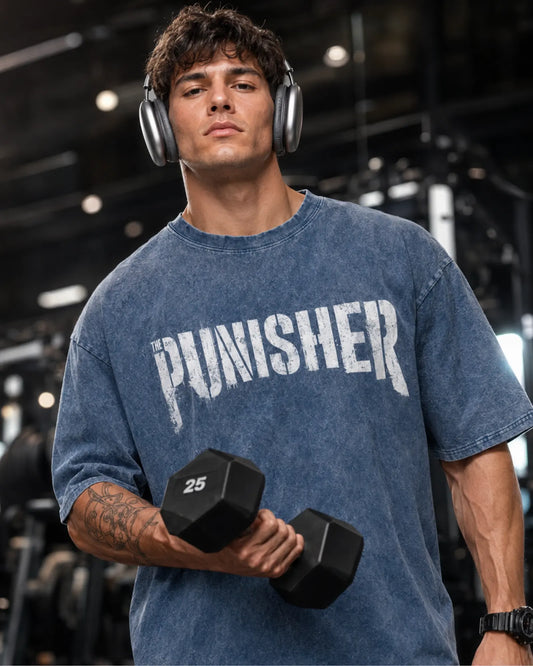 Denim Blue The Punisher Graphic Men’s Acid Wash T-Shirt (240 GSM)