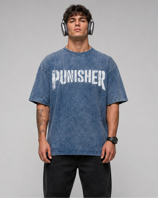 Denim Blue The Punisher Graphic Men’s Acid Wash T-Shirt (240 GSM)