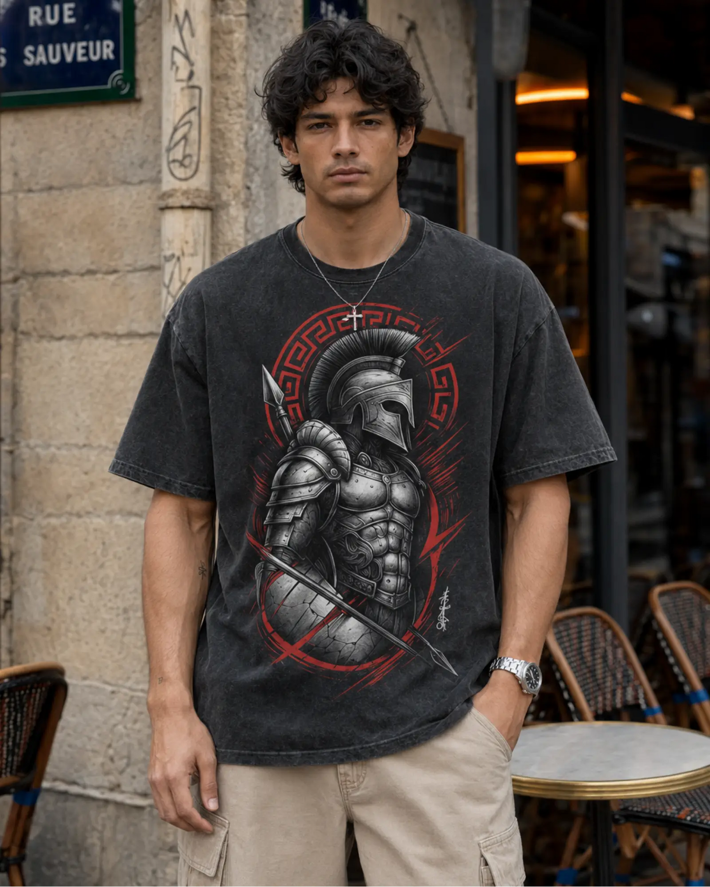 Black Spartan Warrior Graphic Men’s Acid Wash T-Shirt (240 GSM)