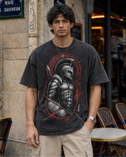Black Spartan Warrior Graphic Men’s Acid Wash T-Shirt (240 GSM)