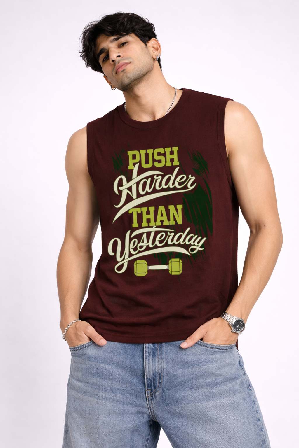 Push Harder Than Yesterday Men's Sleeveless Gym Vest (180 GSM)
