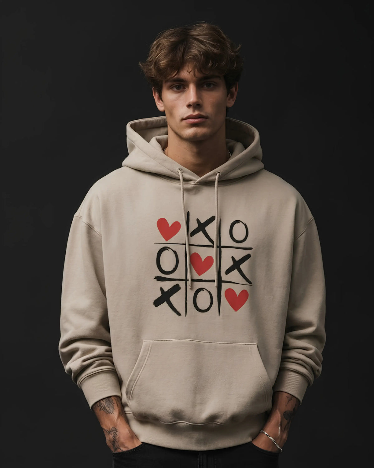 Beige XO Hearts Graphic Streetwear Men's Hoodie (360 GSM)