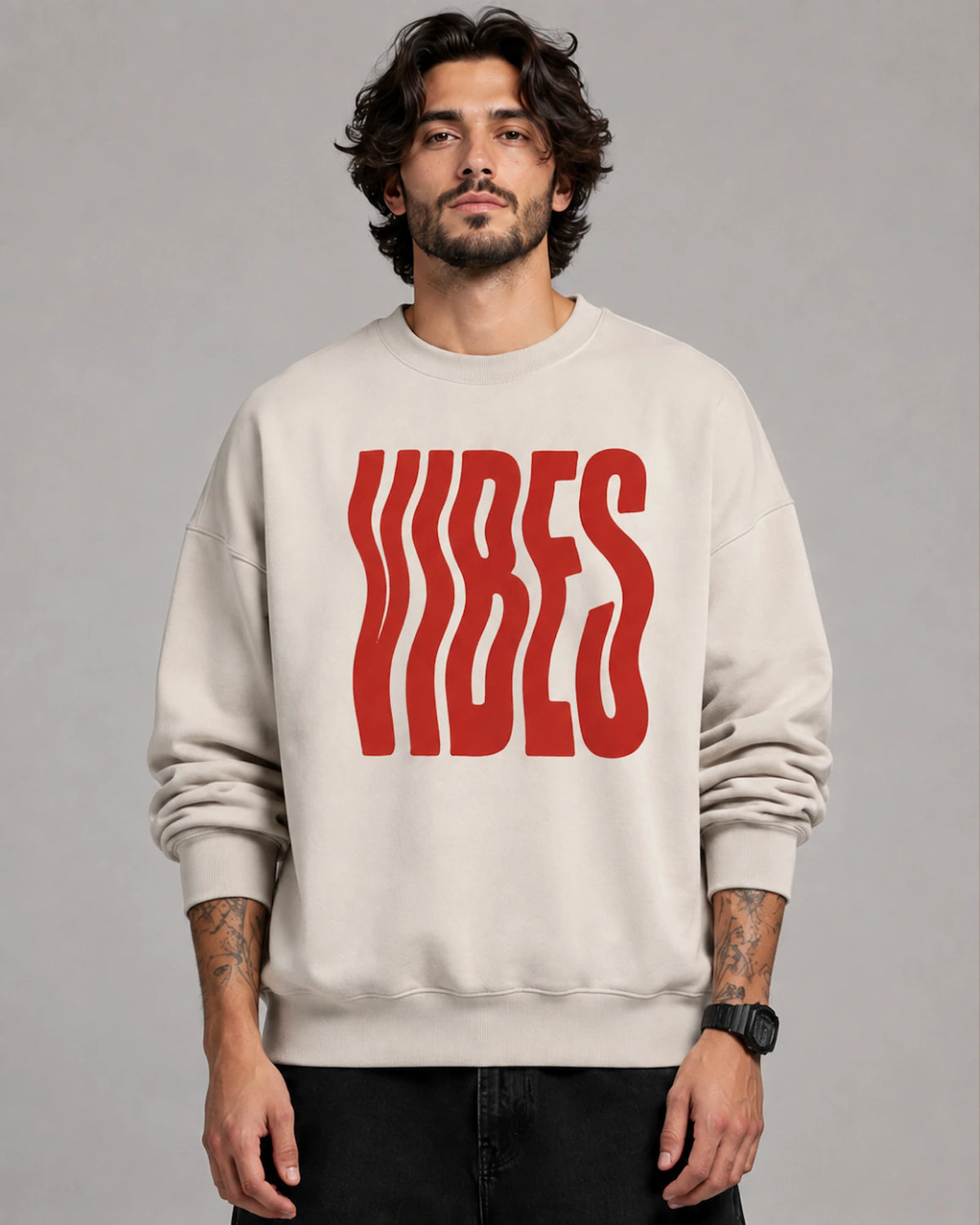 Beige Vibes Wavy Typography Streetwear Men's Sweatshirt (350 GSM)