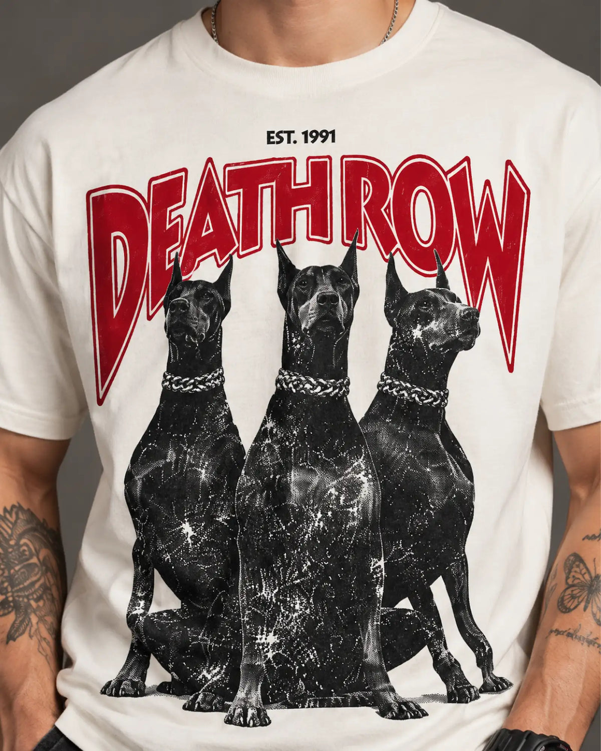 Beige Vintage Doberman Trio Graphic Men’s Oversized T-Shirt (240 GSM)