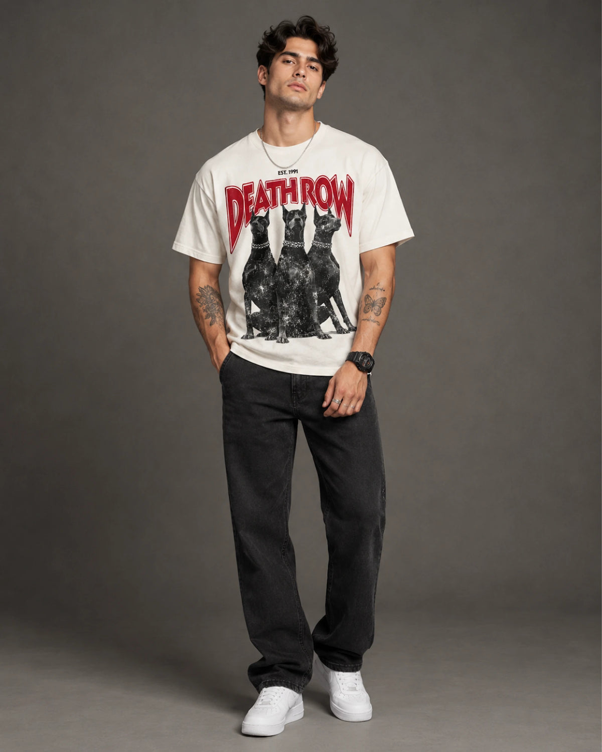 Beige Vintage Doberman Trio Graphic Men’s Oversized T-Shirt (240 GSM)