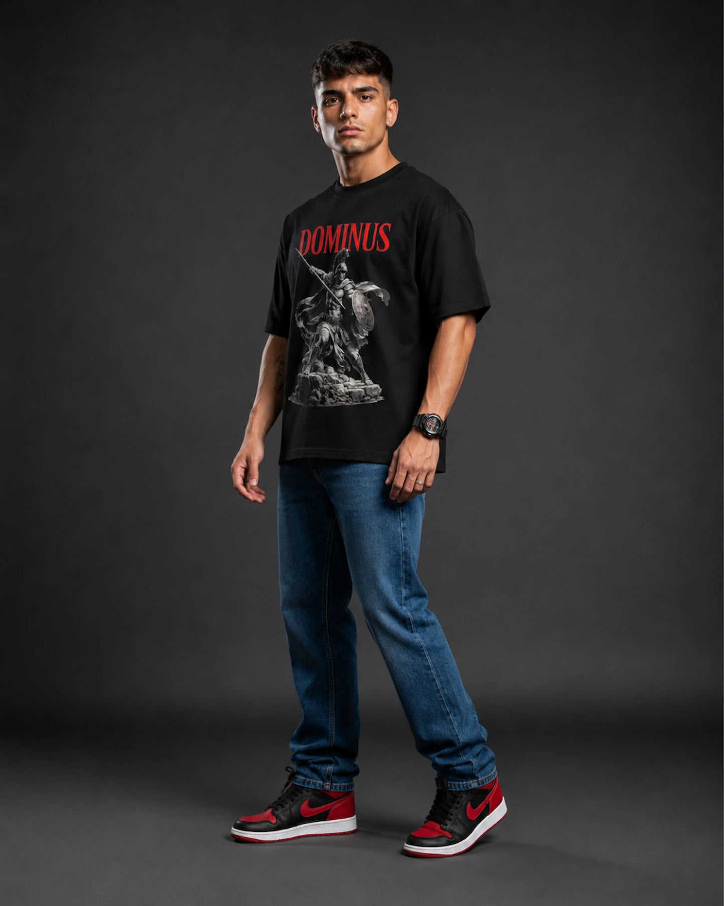 Black Dominus Spartan Warrior Graphic Men's Oversized T-Shirt (260 GSM)