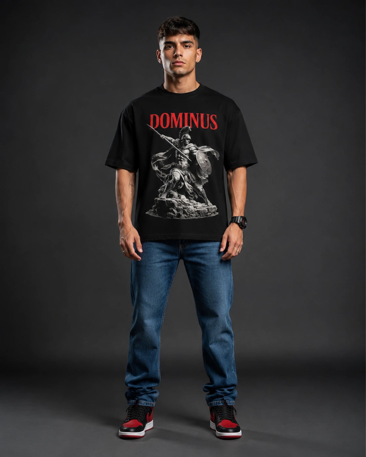Black Dominus Spartan Warrior Graphic Men's Oversized T-Shirt (260 GSM)