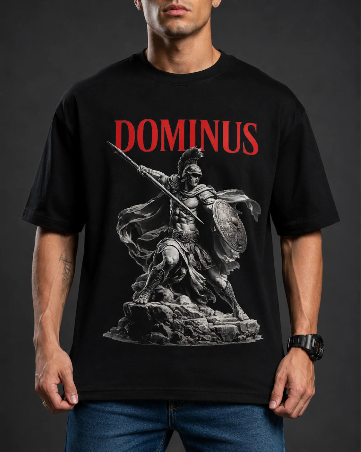 Black Dominus Spartan Warrior Graphic Men's Oversized T-Shirt (260 GSM)