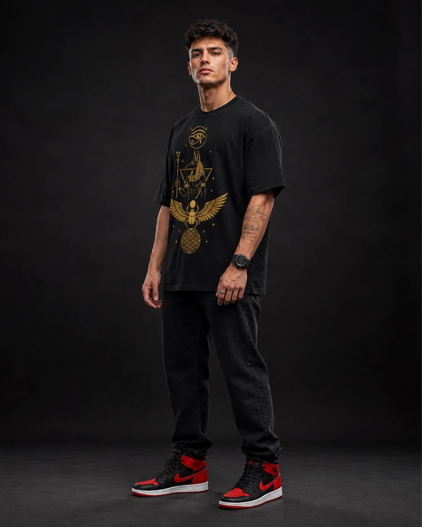 Black Egyptian Anubis Graphic Men's Oversized T-Shirt (260 GSM)