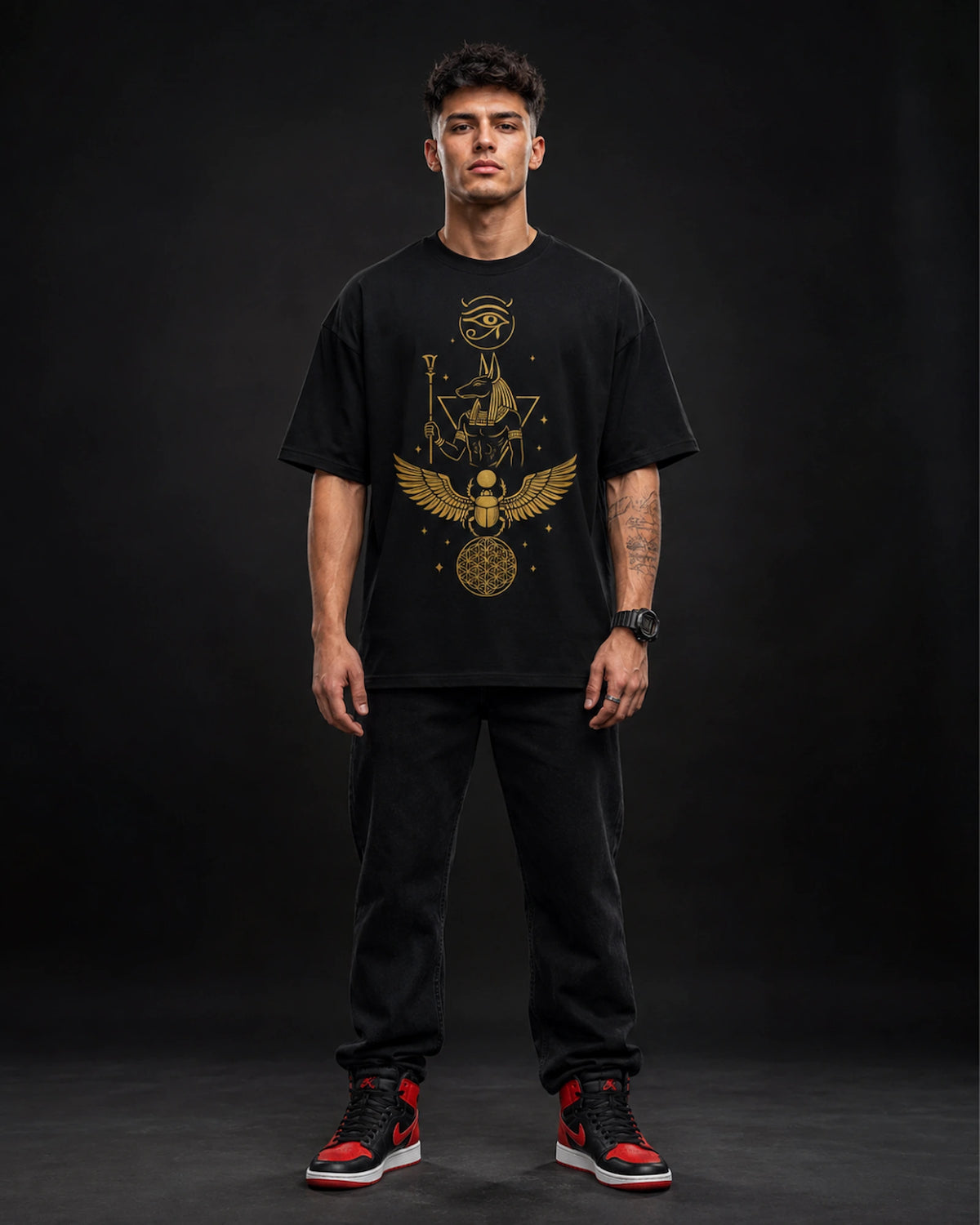 Black Egyptian Anubis Graphic Men's Oversized T-Shirt (260 GSM)