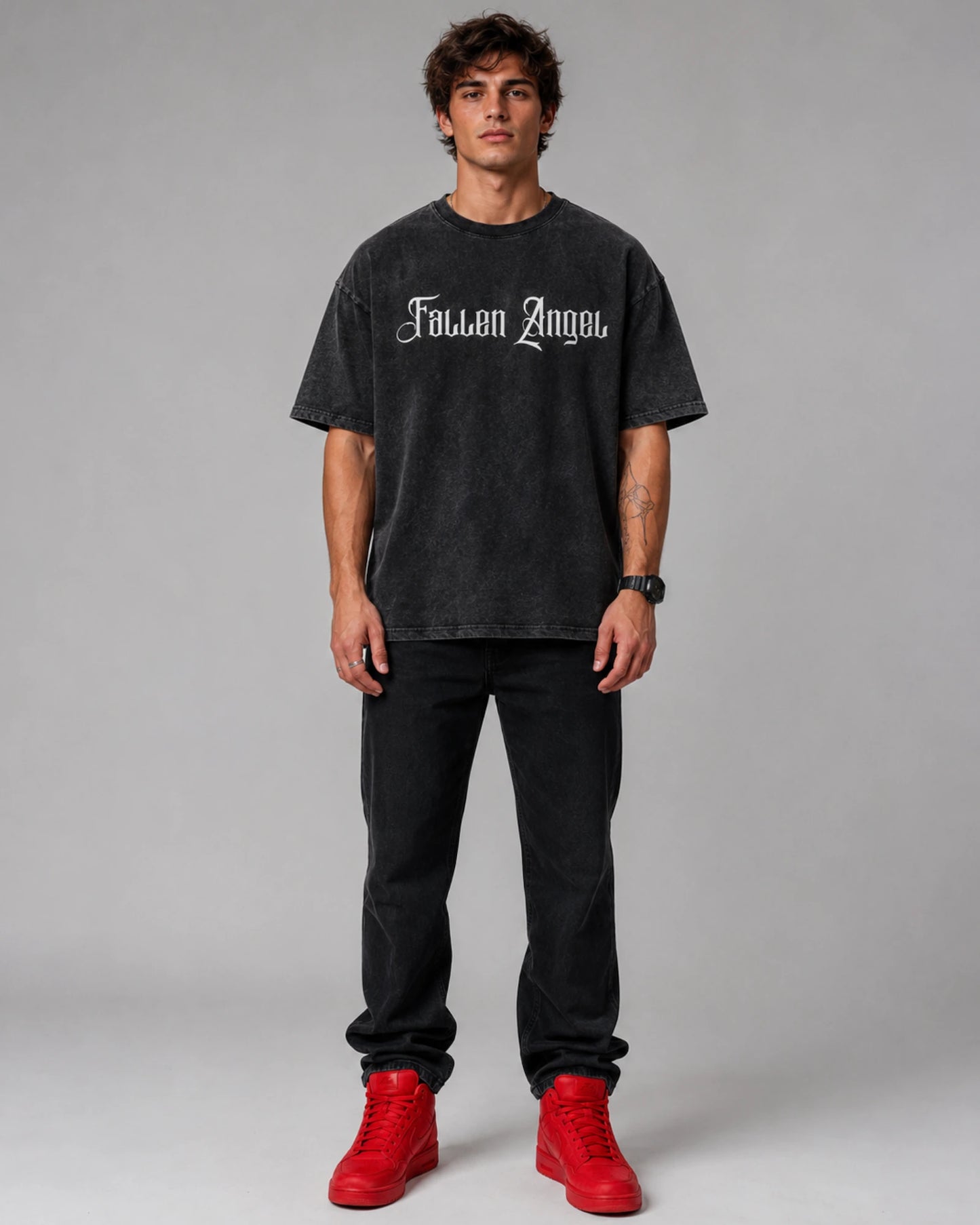 Black Fallen Angel Graphic Men’s Acid Wash T-Shirt (240 GSM)