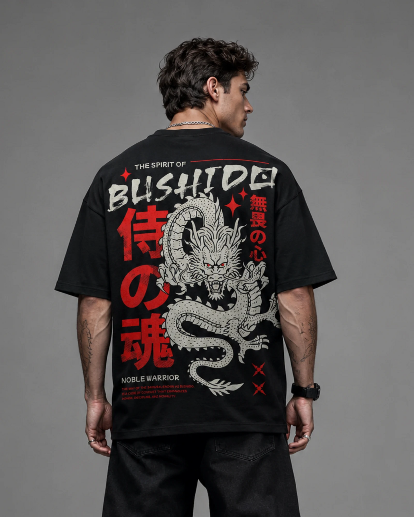 Black Japanese Bushido Samurai Dragon Streetwear Men’s Oversized T-Shirt (260 GSM)