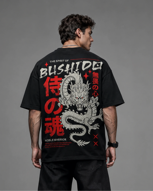 Black Japanese Bushido Samurai Dragon Streetwear Men’s Oversized T-Shirt (260 GSM)