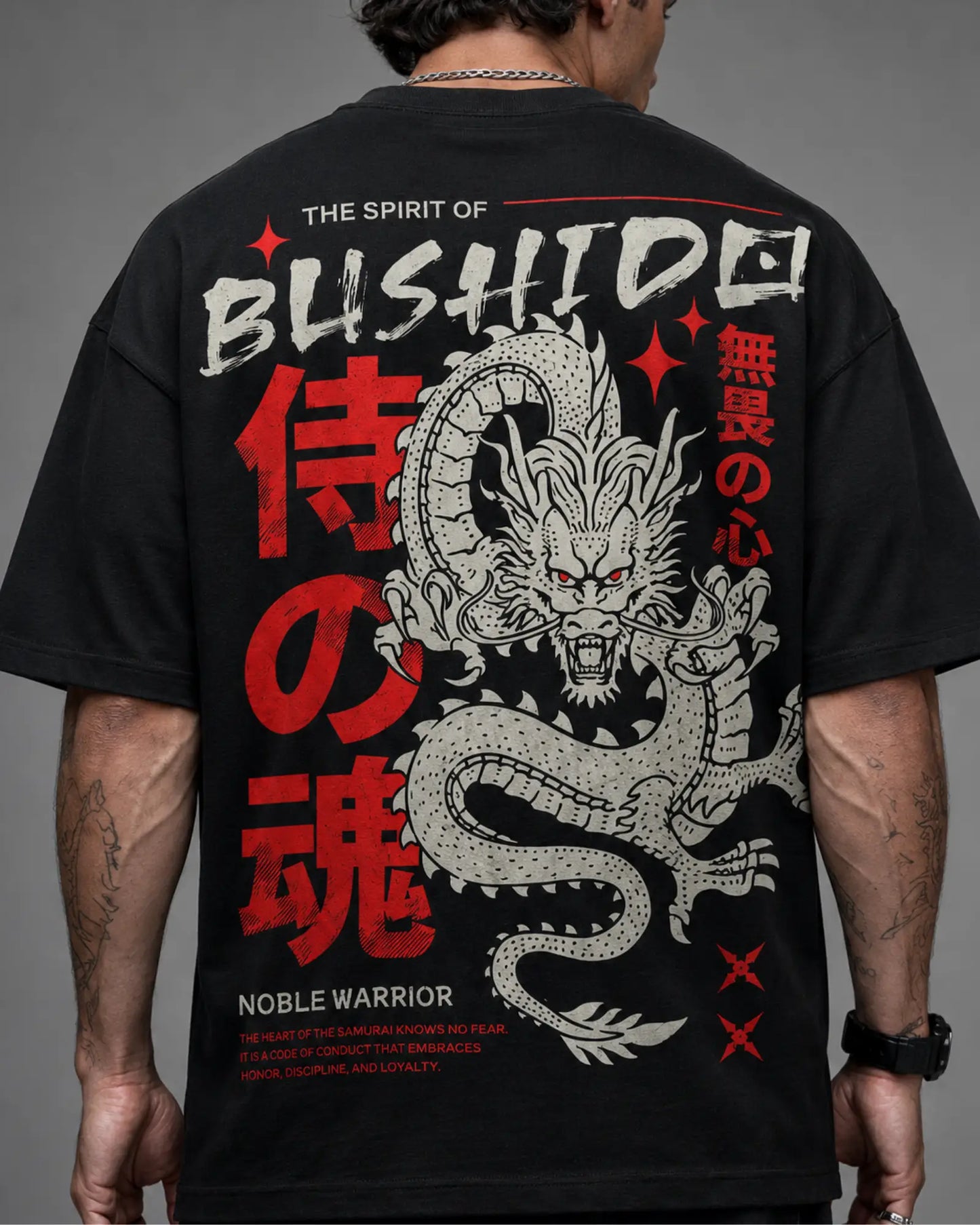 Black Japanese Bushido Samurai Dragon Streetwear Men’s Oversized T-Shirt (260 GSM)