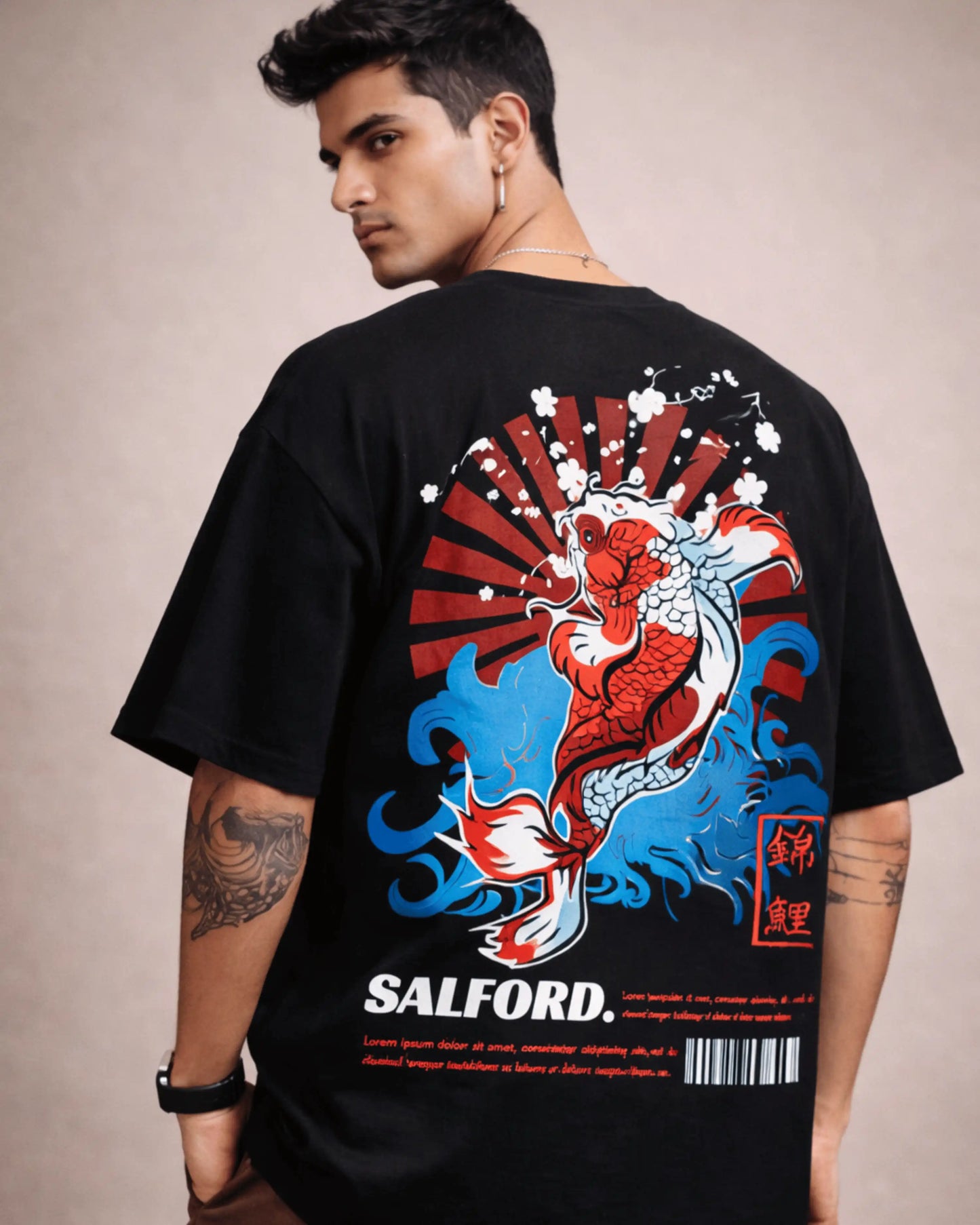 Black Japanese Koi Fish Graphic Men’s Oversized T-Shirt (240 GSM)