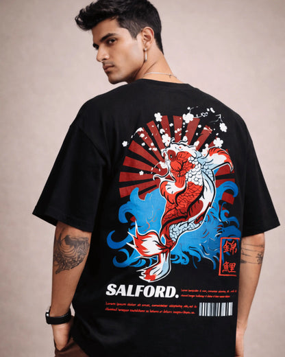 Black Japanese Koi Fish Graphic Men’s Oversized T-Shirt (240 GSM)