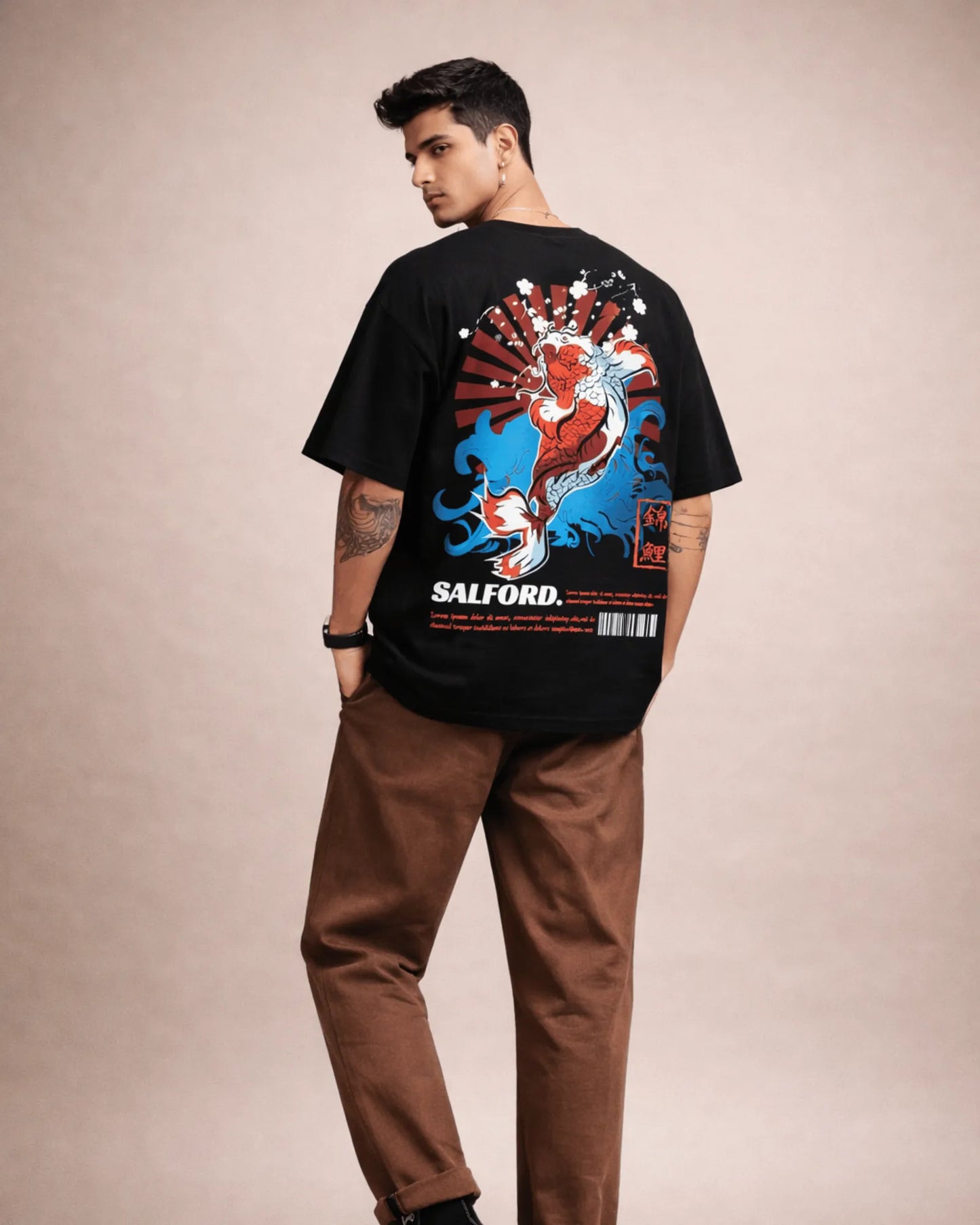 Black Japanese Koi Fish Graphic Men’s Oversized T-Shirt (240 GSM)