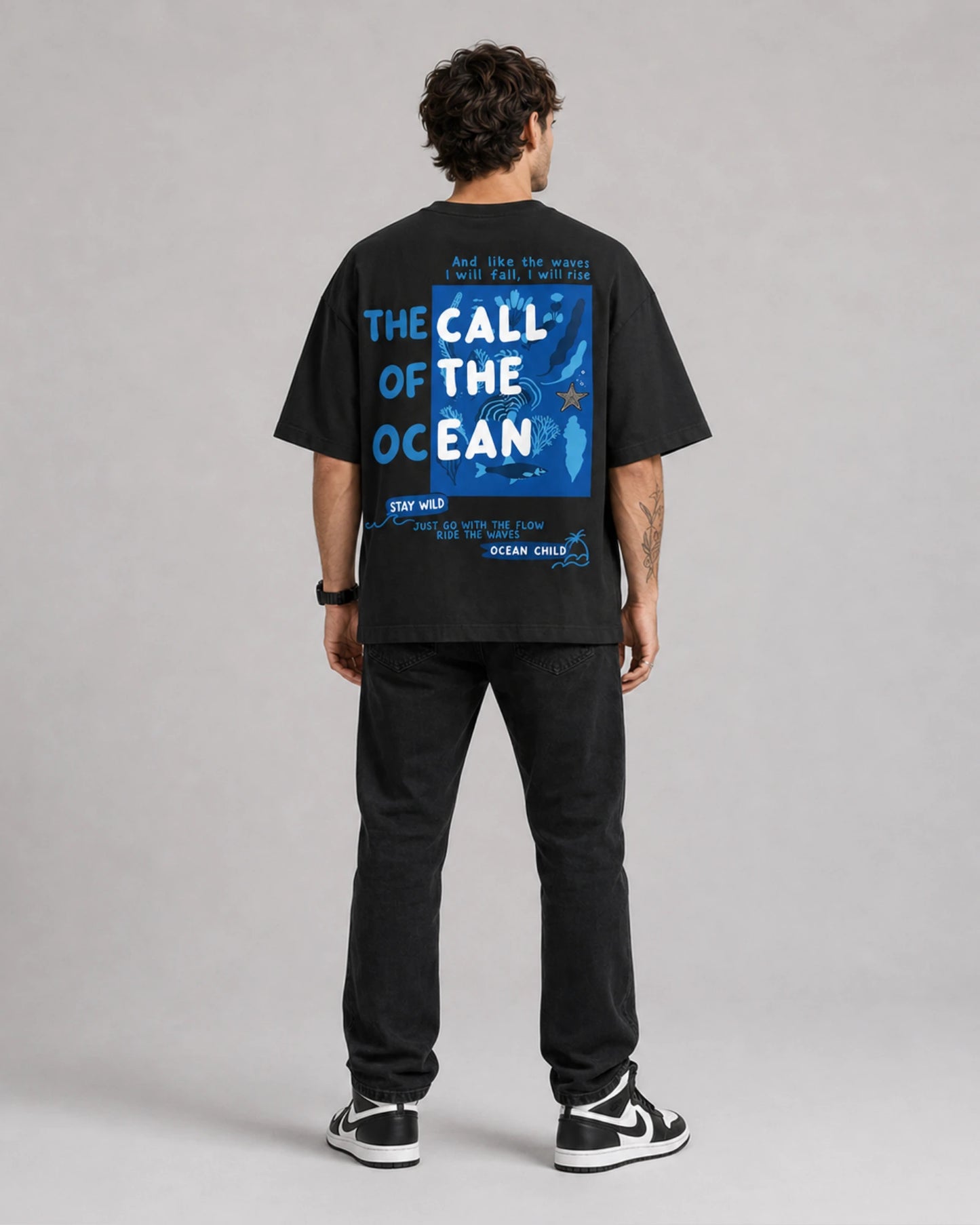 Black Ocean Call Back Print Graphic Men’s Oversized T-Shirt (260 GSM)