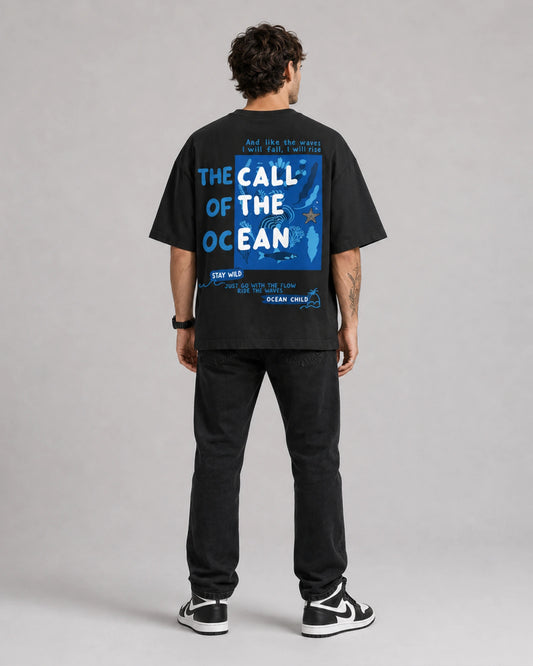 Black Ocean Call Back Print Graphic Men’s Oversized T-Shirt (260 GSM)