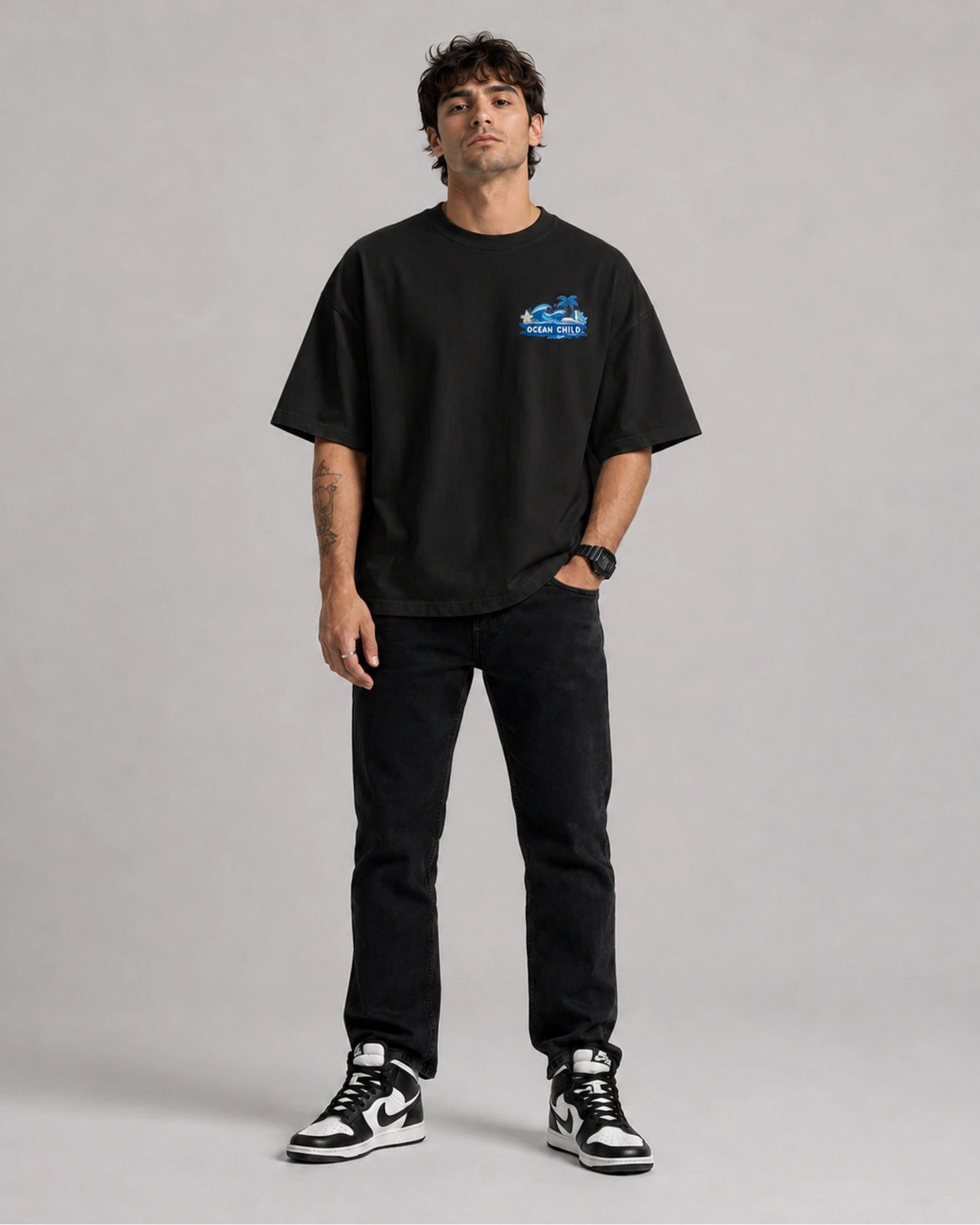 Black Ocean Call Back Print Graphic Men’s Oversized T-Shirt (260 GSM)
