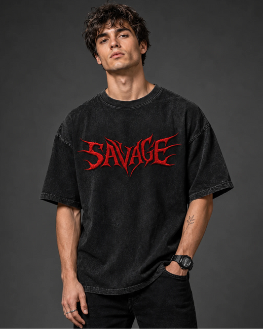 Black Red Savage Graphic Men’s Acid Wash T-Shirt (240 GSM)