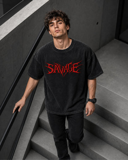 Black Red Savage Graphic Men’s Acid Wash T-Shirt (240 GSM)