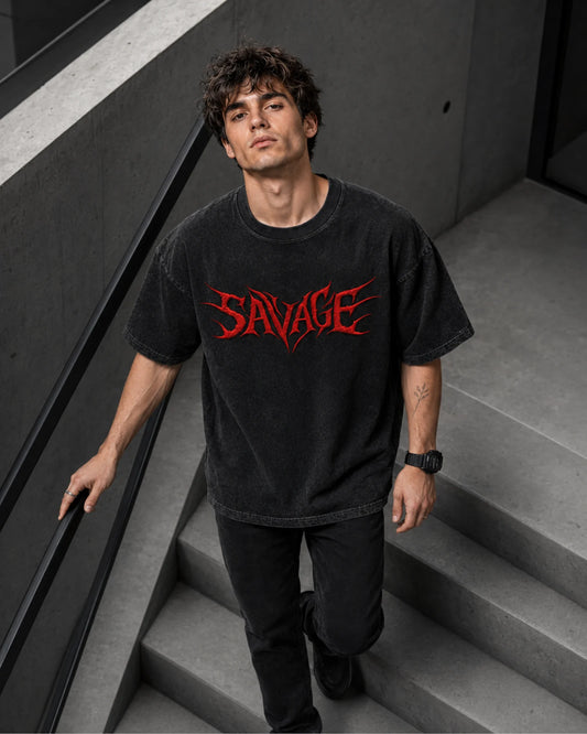 Black Red Savage Graphic Men’s Acid Wash T-Shirt (240 GSM)
