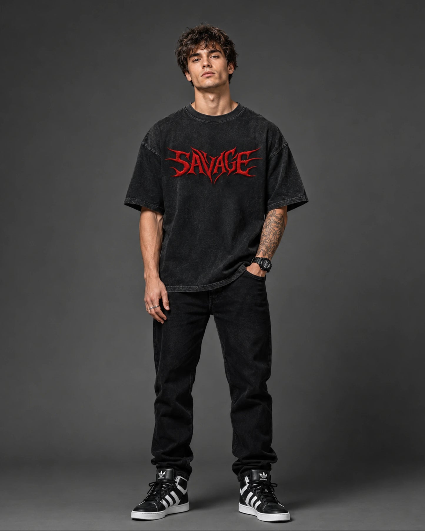 Black Red Savage Graphic Men’s Acid Wash T-Shirt (240 GSM)