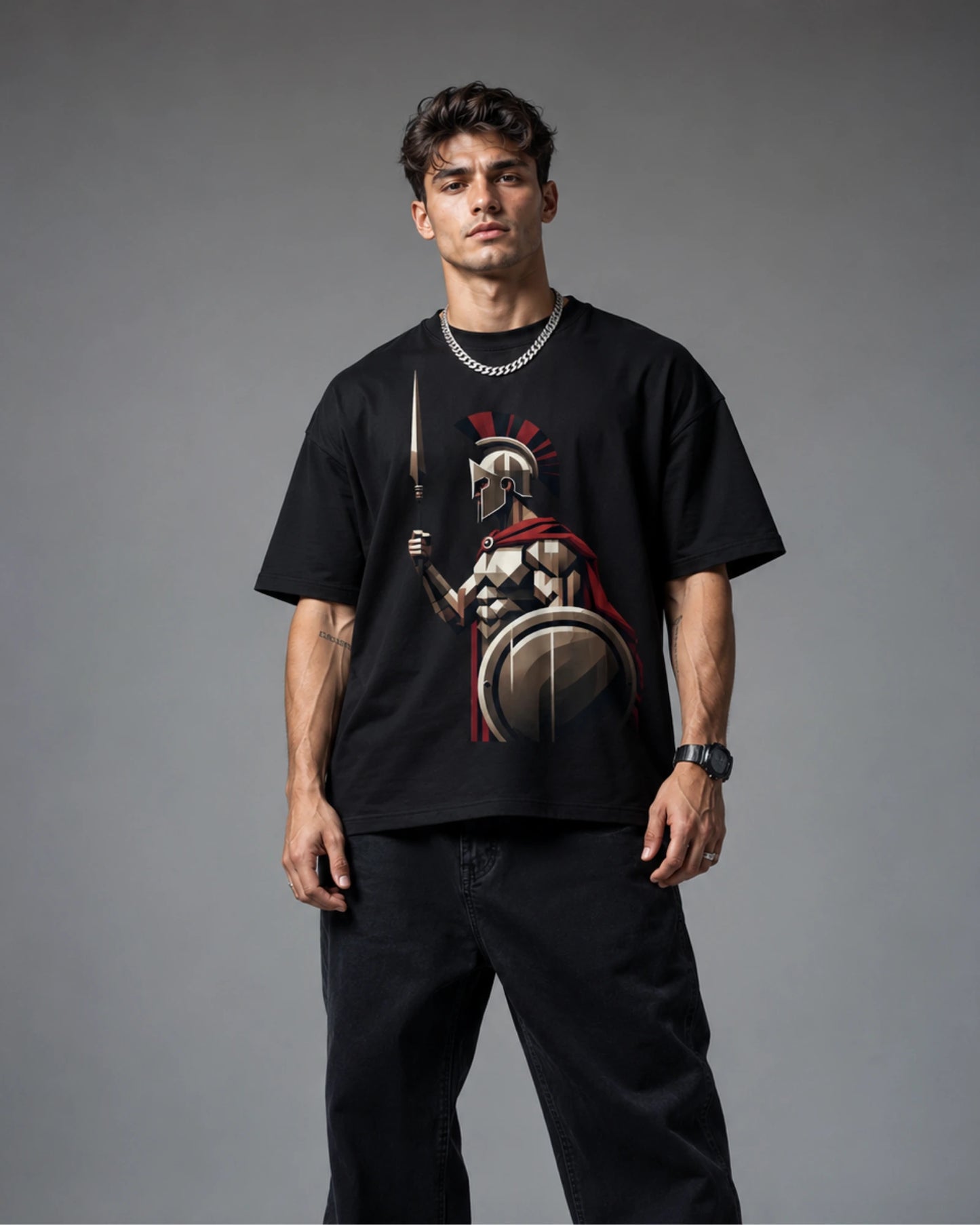 Black Spartan Warrior Graphic Men’s Oversized T-Shirt (260 GSM)