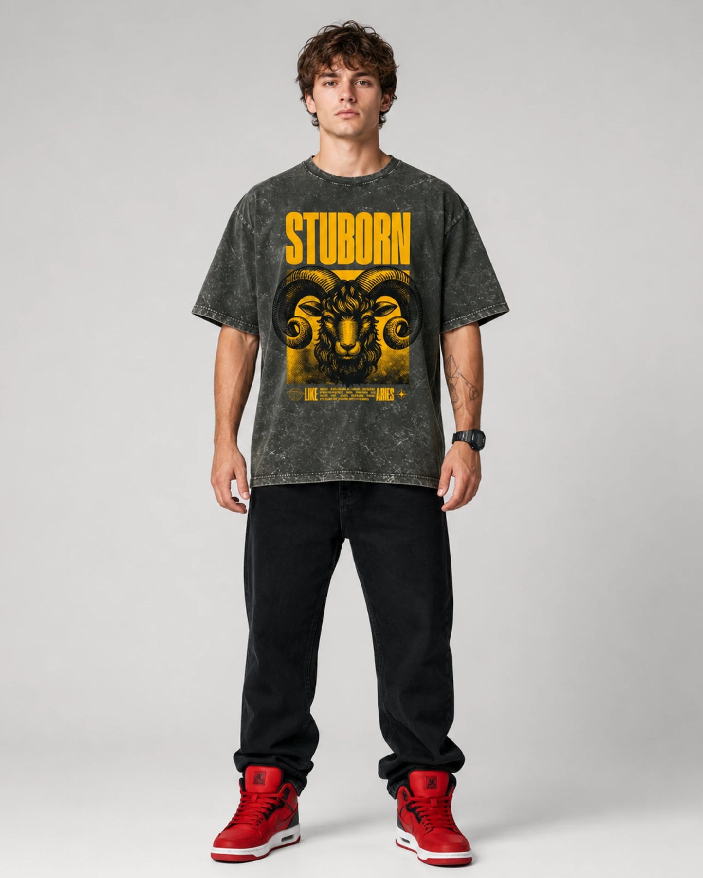 Black Stubborn Aries Ram Graphic Streetwear Men’s Acid Wash T-Shirt (240 GSM)