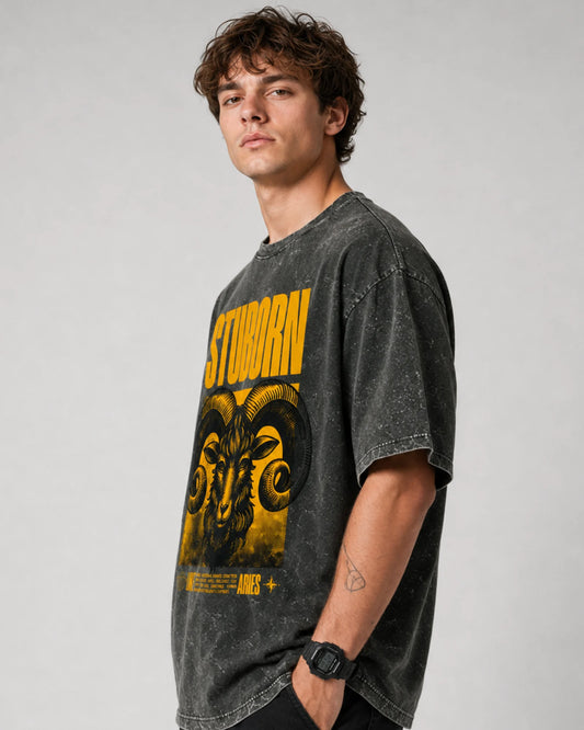 Black Stubborn Aries Ram Graphic Streetwear Men’s Acid Wash T-Shirt (240 GSM)