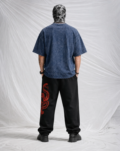 Denim Blue Kanji Calligraphy Graphic Men’s Acid Wash T-Shirt (240 GSM)