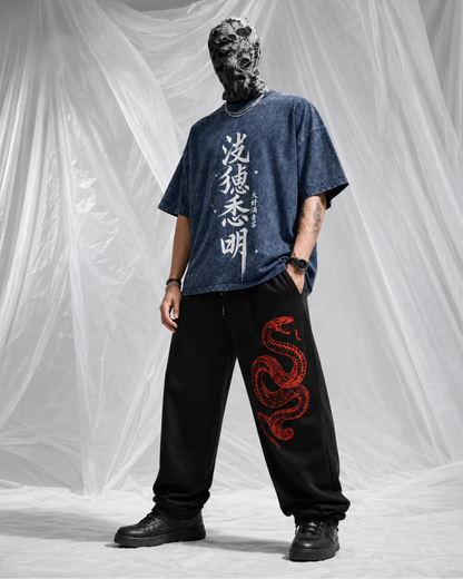 Denim Blue Kanji Calligraphy Graphic Men’s Acid Wash T-Shirt (240 GSM)