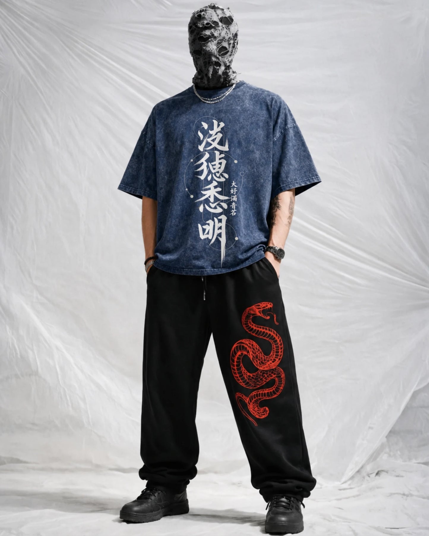 Denim Blue Kanji Calligraphy Graphic Men’s Acid Wash T-Shirt (240 GSM)
