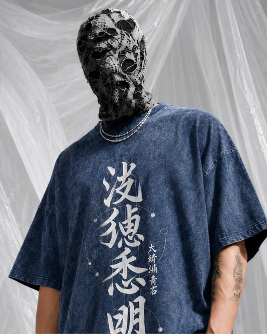 Denim Blue Kanji Calligraphy Graphic Men’s Acid Wash T-Shirt (240 GSM)