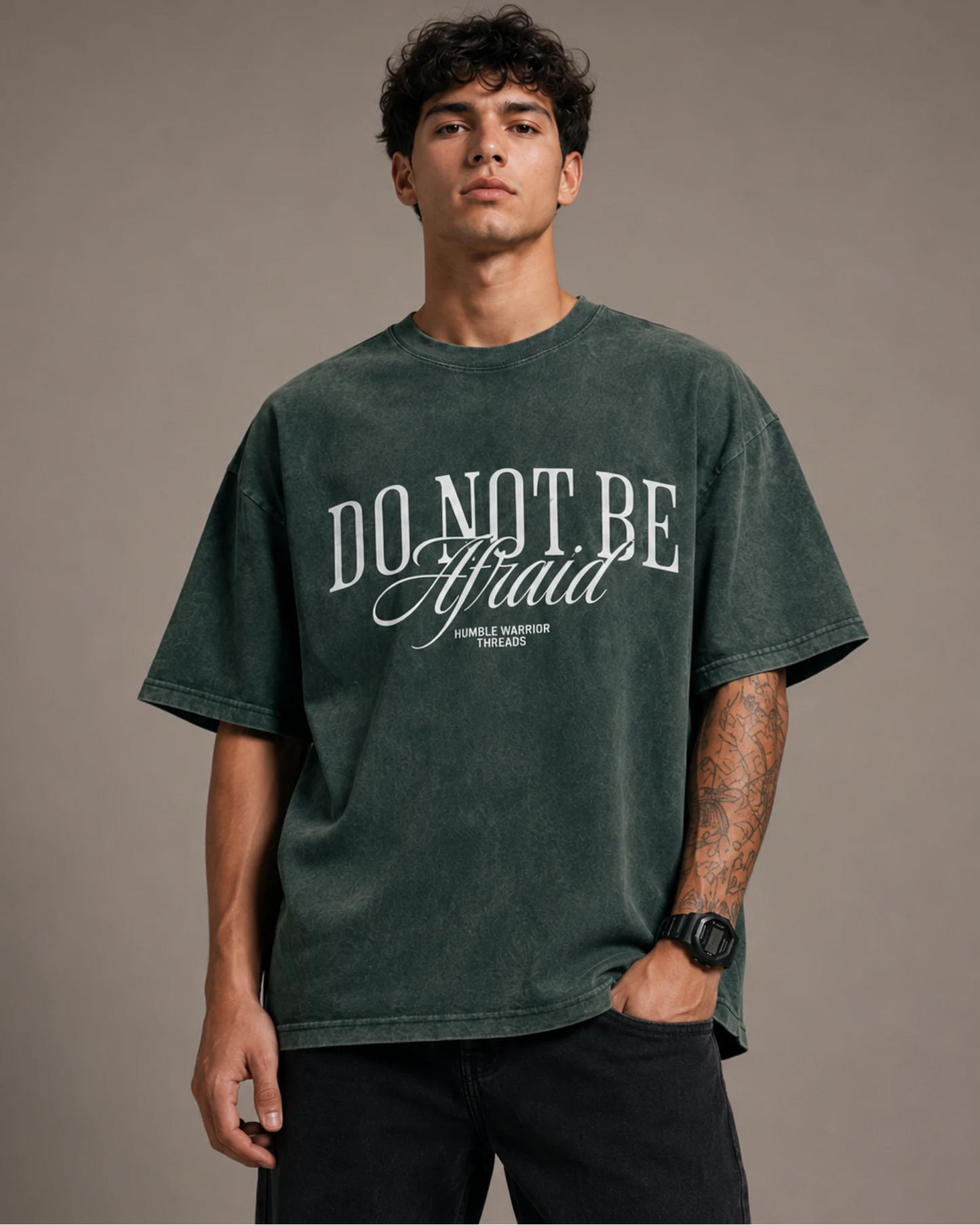 Forest Green Do Not Be Afraid Graphic Men’s Acid Wash T-Shirt (240 GSM)