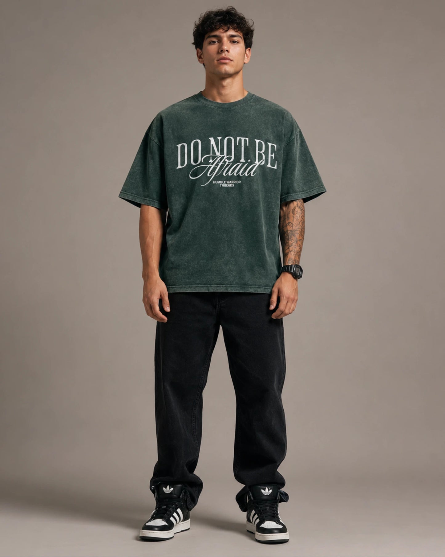 Forest Green Do Not Be Afraid Graphic Men’s Acid Wash T-Shirt (240 GSM)