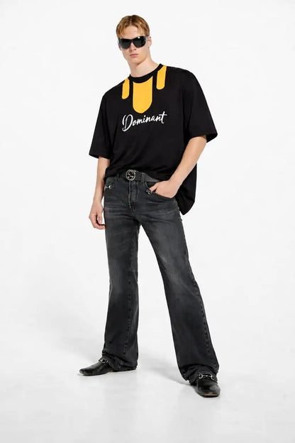 full pose man standing oversized tshirt dominant hummer car design at the back