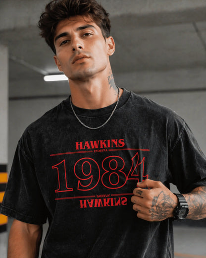 Black Vintage 1984 Graphic Men’s Acid Wash T-Shirt (240 GSM)